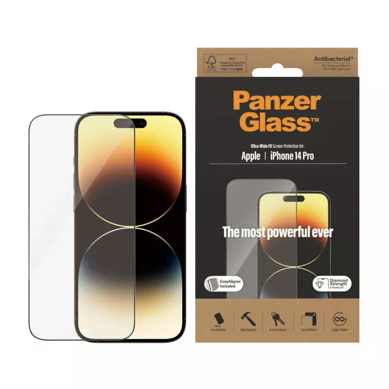 PanzerGlass película protetora de ecrã para Apple iPhone 14 Pro Ultra-Wide Fit EasyAligner resistente a riscos e choques