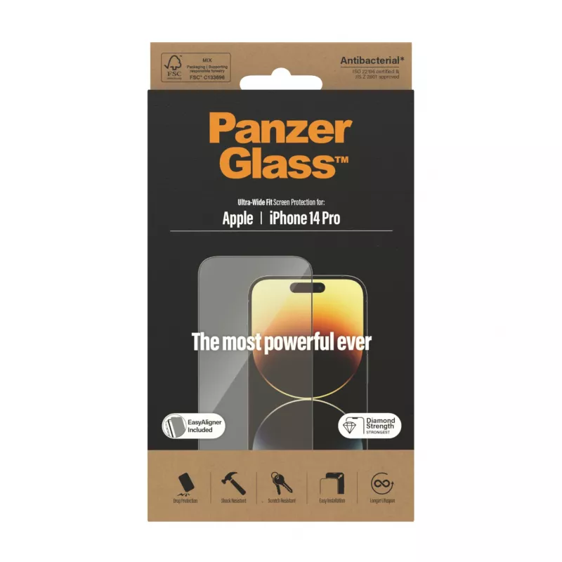 PanzerGlass película protetora de ecrã para Apple iPhone 14 Pro Ultra-Wide Fit EasyAligner resistente a riscos e choques