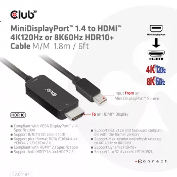 CLUB3D cabo MiniDisplayPort 1.4 para HDMI 4K120Hz ou 8K60Hz HDR10+ M/M 1,8m / 6ft