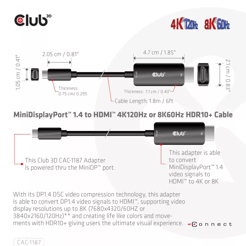 CLUB3D cabo MiniDisplayPort 1.4 para HDMI 4K120Hz ou 8K60Hz HDR10+ M/M 1,8m / 6ft