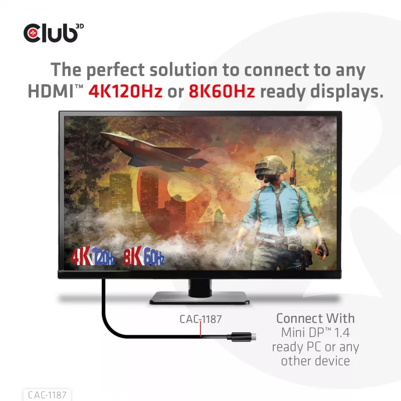 CLUB3D cabo MiniDisplayPort 1.4 para HDMI 4K120Hz ou 8K60Hz HDR10+ M/M 1,8m / 6ft