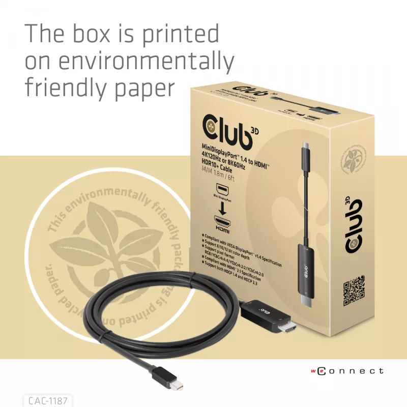 CLUB3D cabo MiniDisplayPort 1.4 para HDMI 4K120Hz ou 8K60Hz HDR10+ M/M 1,8m / 6ft