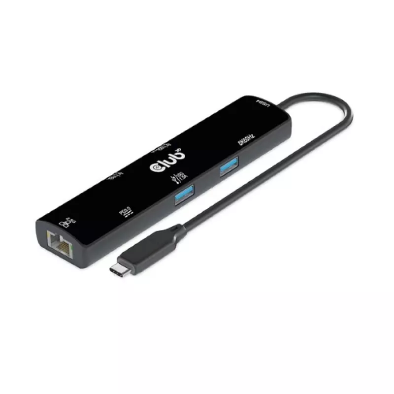 CLUB3D USB4™ Gen3x2 Type-C, hub 6-em-1 com HDMI™ 8K60Hz ou 4K120Hz, 2xUSB Type-A(10G), Ethernet RJ45(2.5G) e 2xUSB Type-C, 1x Data(10G) e 1xPD3.0 carregamento 100 W