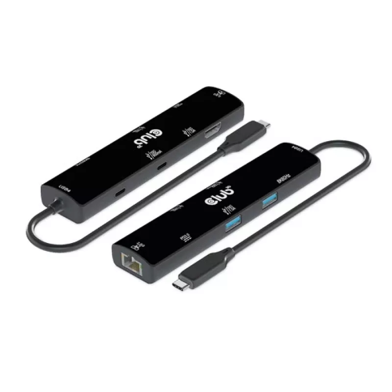 CLUB3D USB4™ Gen3x2 Type-C, hub 6-em-1 com HDMI™ 8K60Hz ou 4K120Hz, 2xUSB Type-A(10G), Ethernet RJ45(2.5G) e 2xUSB Type-C, 1x Data(10G) e 1xPD3.0 carregamento 100 W