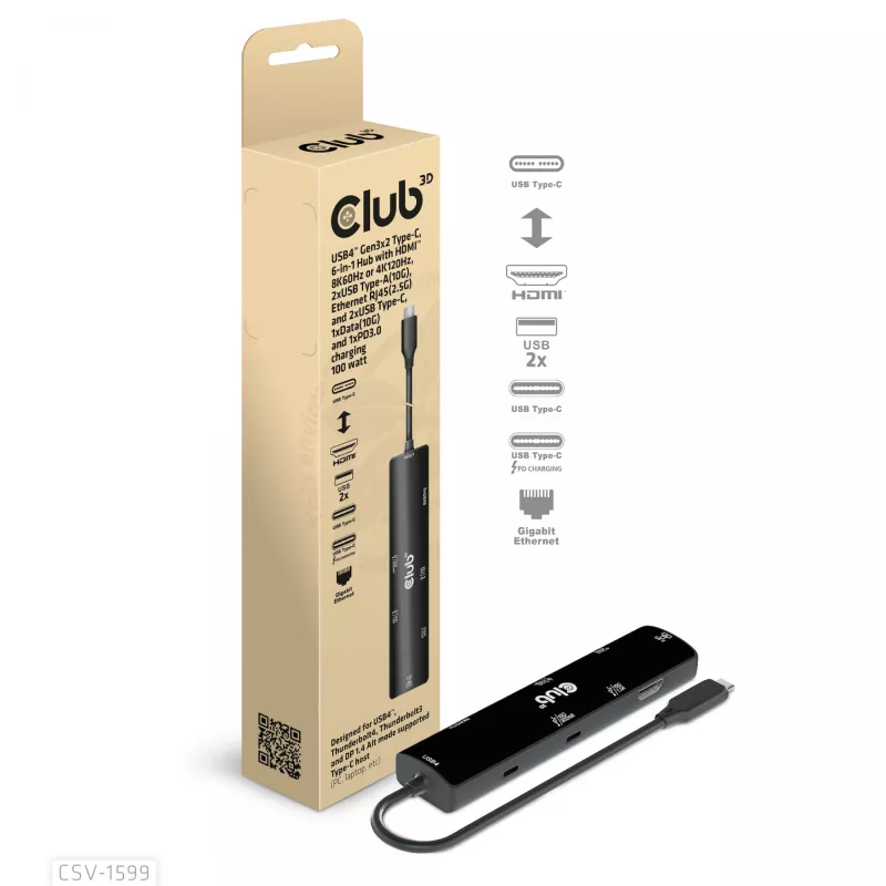 CLUB3D USB4™ Gen3x2 Type-C, hub 6-em-1 com HDMI™ 8K60Hz ou 4K120Hz, 2xUSB Type-A(10G), Ethernet RJ45(2.5G) e 2xUSB Type-C, 1x Data(10G) e 1xPD3.0 carregamento 100 W