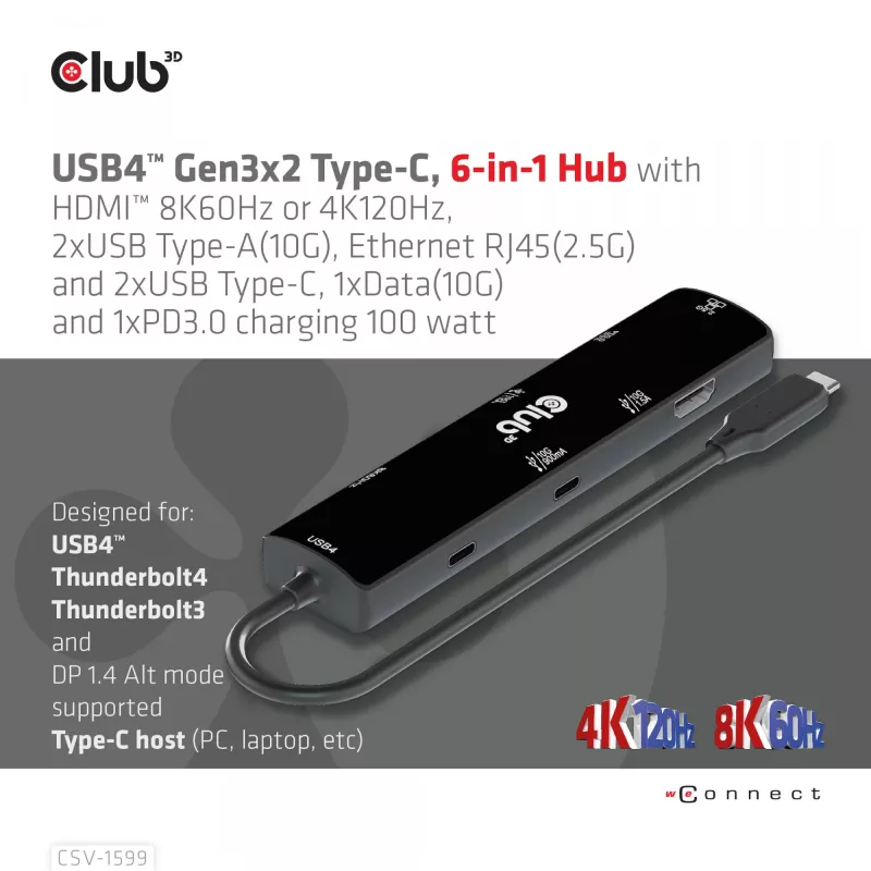 CLUB3D USB4™ Gen3x2 Type-C, hub 6-em-1 com HDMI™ 8K60Hz ou 4K120Hz, 2xUSB Type-A(10G), Ethernet RJ45(2.5G) e 2xUSB Type-C, 1x Data(10G) e 1xPD3.0 carregamento 100 W