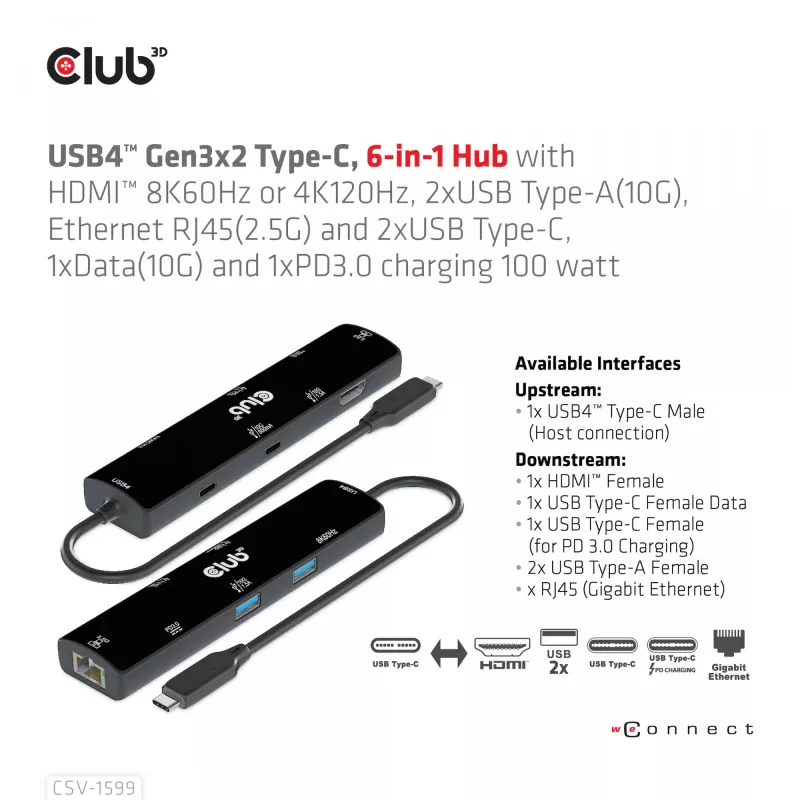 CLUB3D USB4™ Gen3x2 Type-C, hub 6-em-1 com HDMI™ 8K60Hz ou 4K120Hz, 2xUSB Type-A(10G), Ethernet RJ45(2.5G) e 2xUSB Type-C, 1x Data(10G) e 1xPD3.0 carregamento 100 W