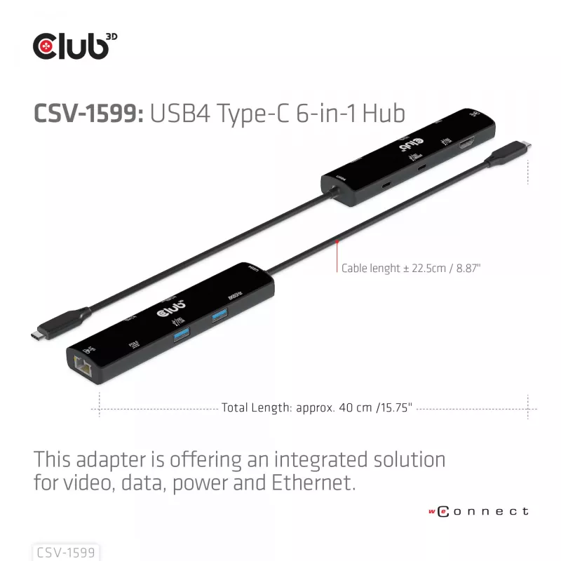 CLUB3D USB4™ Gen3x2 Type-C, hub 6-em-1 com HDMI™ 8K60Hz ou 4K120Hz, 2xUSB Type-A(10G), Ethernet RJ45(2.5G) e 2xUSB Type-C, 1x Data(10G) e 1xPD3.0 carregamento 100 W