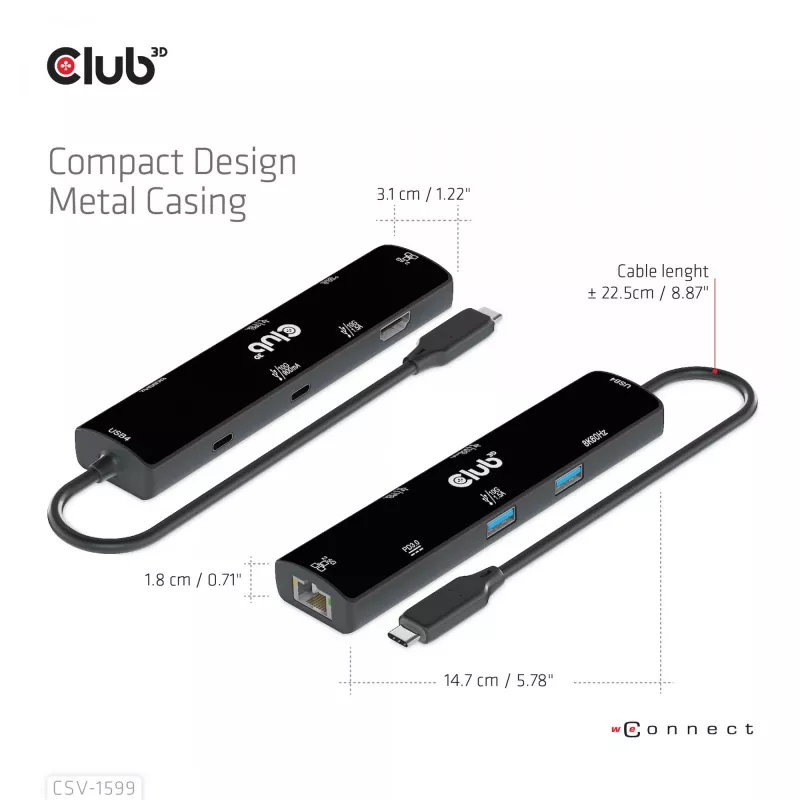 CLUB3D USB4™ Gen3x2 Type-C, hub 6-em-1 com HDMI™ 8K60Hz ou 4K120Hz, 2xUSB Type-A(10G), Ethernet RJ45(2.5G) e 2xUSB Type-C, 1x Data(10G) e 1xPD3.0 carregamento 100 W