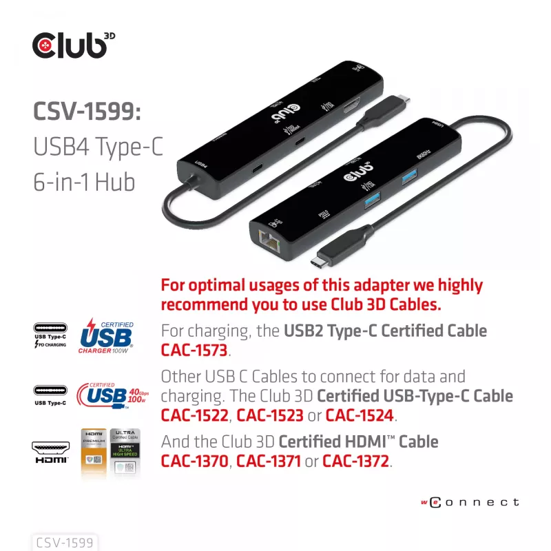 CLUB3D USB4™ Gen3x2 Type-C, hub 6-em-1 com HDMI™ 8K60Hz ou 4K120Hz, 2xUSB Type-A(10G), Ethernet RJ45(2.5G) e 2xUSB Type-C, 1x Data(10G) e 1xPD3.0 carregamento 100 W