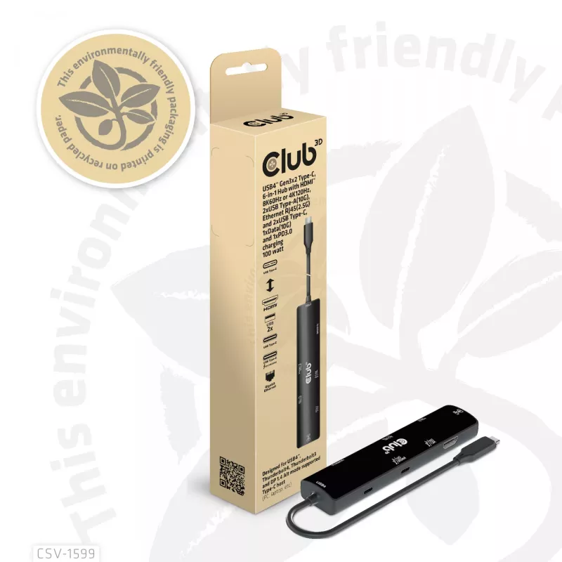 CLUB3D USB4™ Gen3x2 Type-C, hub 6-em-1 com HDMI™ 8K60Hz ou 4K120Hz, 2xUSB Type-A(10G), Ethernet RJ45(2.5G) e 2xUSB Type-C, 1x Data(10G) e 1xPD3.0 carregamento 100 W