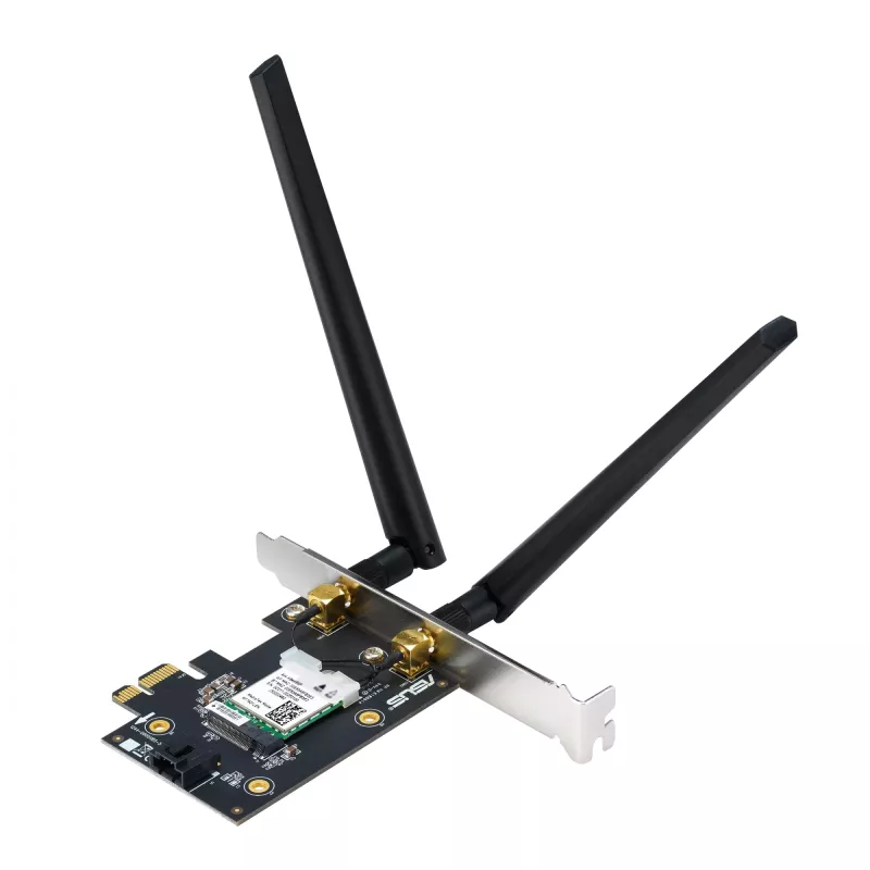 Placa de rede interna ASUS PCE-AXE5400 – PCIe, Wi-Fi 6E Tri-Band (2,4/5/6 GHz), 2402 Mbit/s, Bluetooth 5.2
