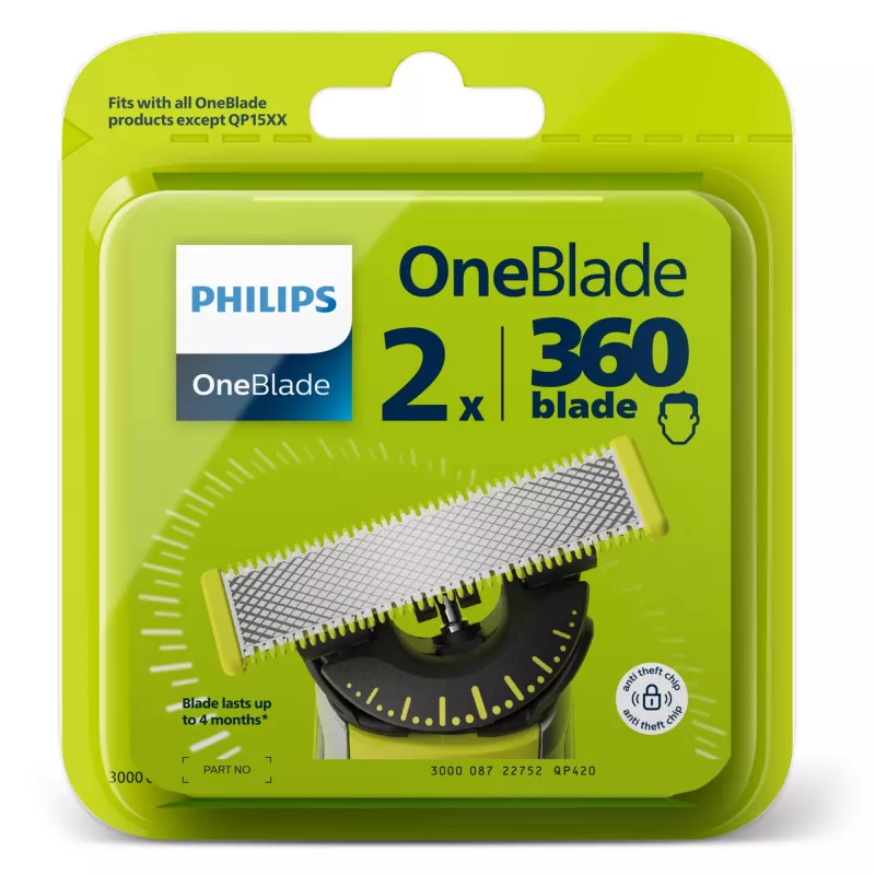 Cabeça de barbear Philips Norelco OneBlade QP420/50, prata, 2 cabeças de substituição, compatível com Philips OneBlade