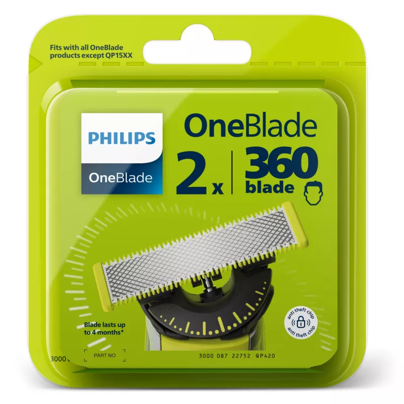 Cabeça de barbear Philips Norelco OneBlade QP420/50, prata, 2 cabeças de substituição, compatível com Philips OneBlade