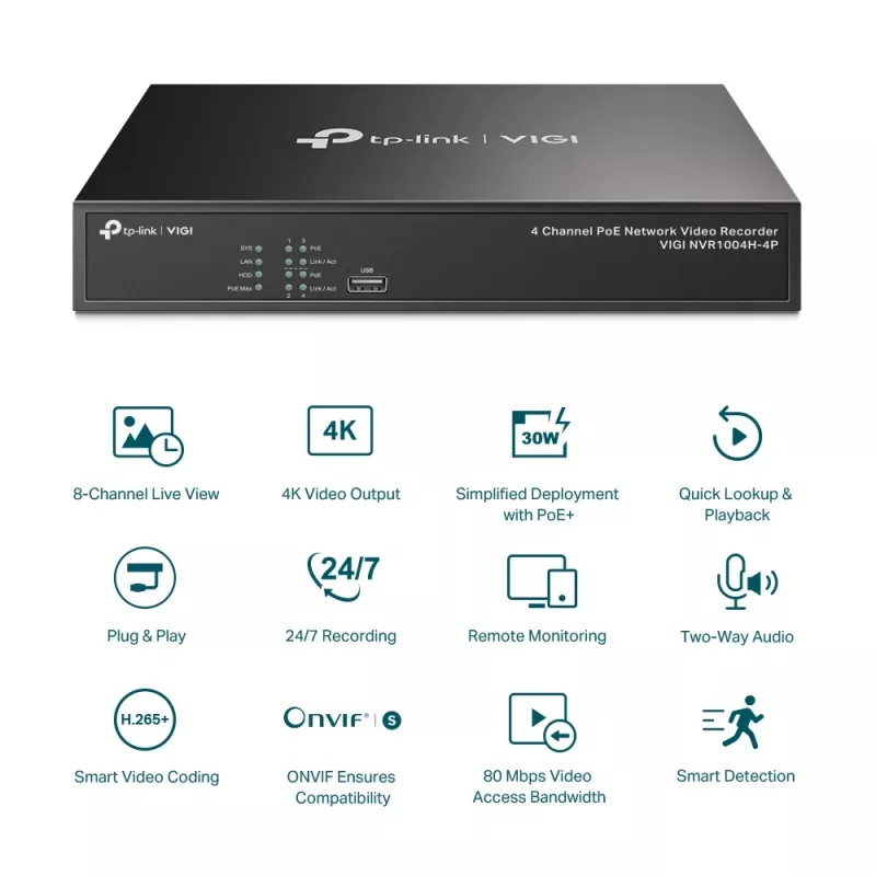 Gravador de vídeo em rede TP-Link VIGI 4 canais PoE+
