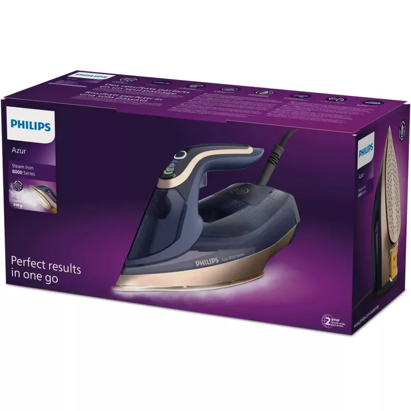 Ferro de engomar a vapor Philips Azur 8000 Series DST8050/20 — 3000 W, 0,35 L, base SteamGlide Elite, 85 g/min vapor contínuo, 260 g/min boost