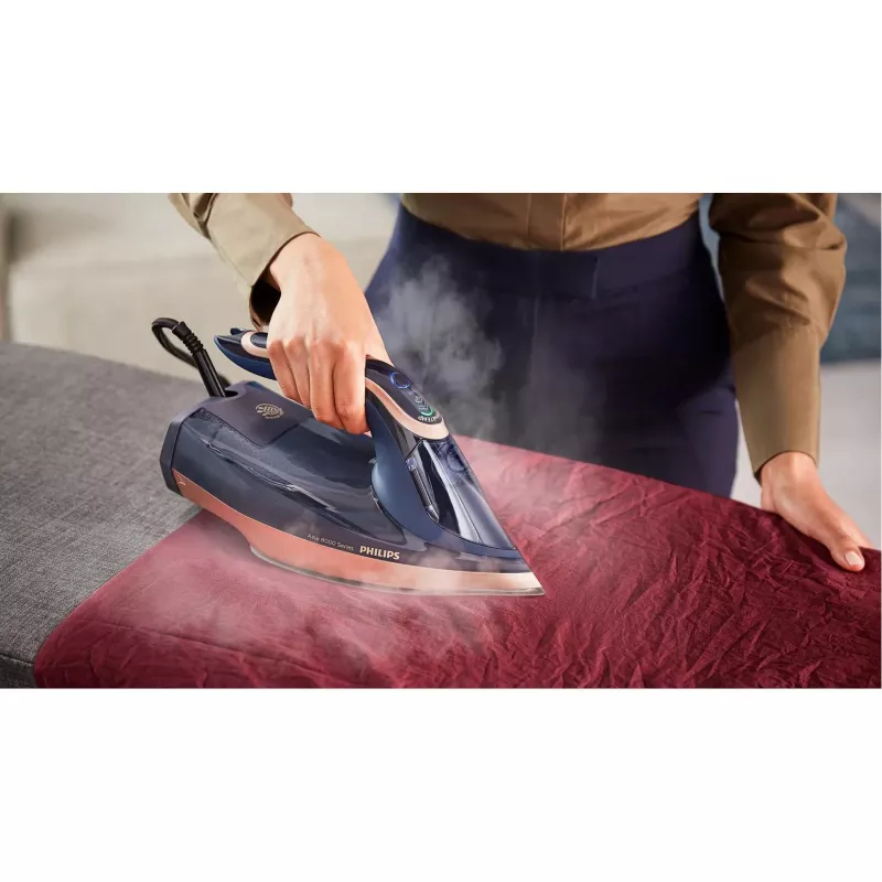 Ferro de engomar a vapor Philips Azur 8000 Series DST8050/20 — 3000 W, 0,35 L, base SteamGlide Elite, 85 g/min vapor contínuo, 260 g/min boost