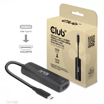 Adaptador ativo CLUB3D USB Gen2 Type-C para HDMI™ 8K60Hz ou 4K120Hz HDR10+ com DSC1.2 com Power Delivery 3.0 macho/fêmea