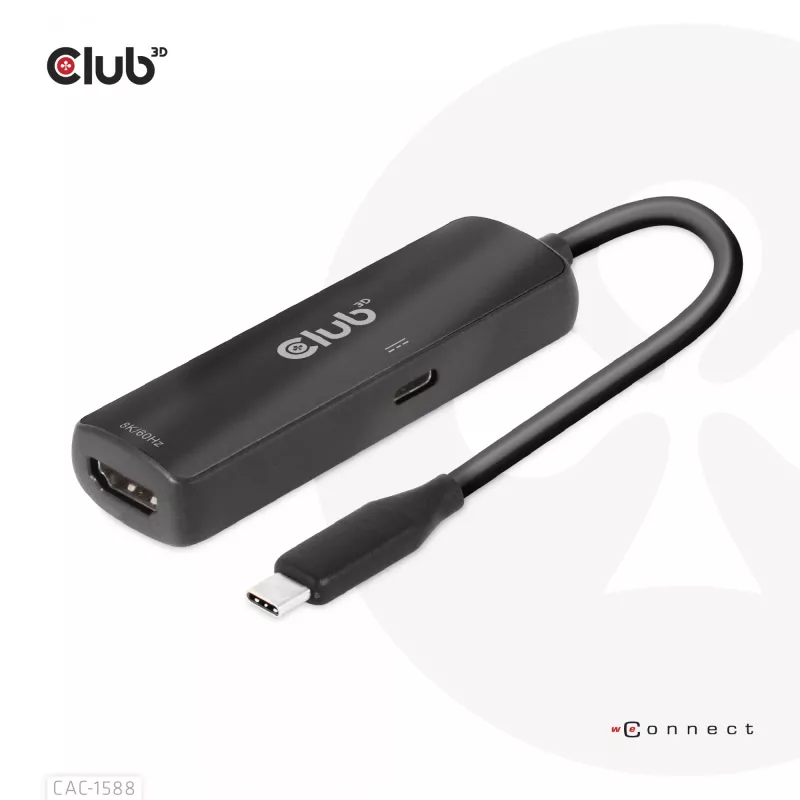 Adaptador ativo CLUB3D USB Gen2 Type-C para HDMI™ 8K60Hz ou 4K120Hz HDR10+ com DSC1.2 com Power Delivery 3.0 macho/fêmea