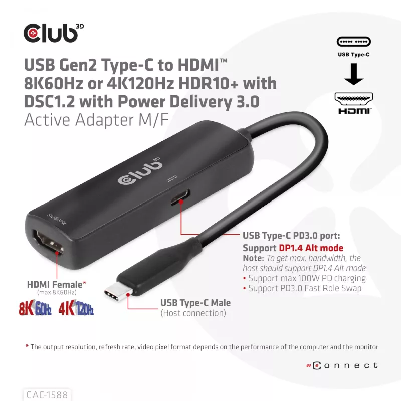 Adaptador ativo CLUB3D USB Gen2 Type-C para HDMI™ 8K60Hz ou 4K120Hz HDR10+ com DSC1.2 com Power Delivery 3.0 macho/fêmea