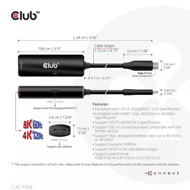 Adaptador ativo CLUB3D USB Gen2 Type-C para HDMI™ 8K60Hz ou 4K120Hz HDR10+ com DSC1.2 com Power Delivery 3.0 macho/fêmea