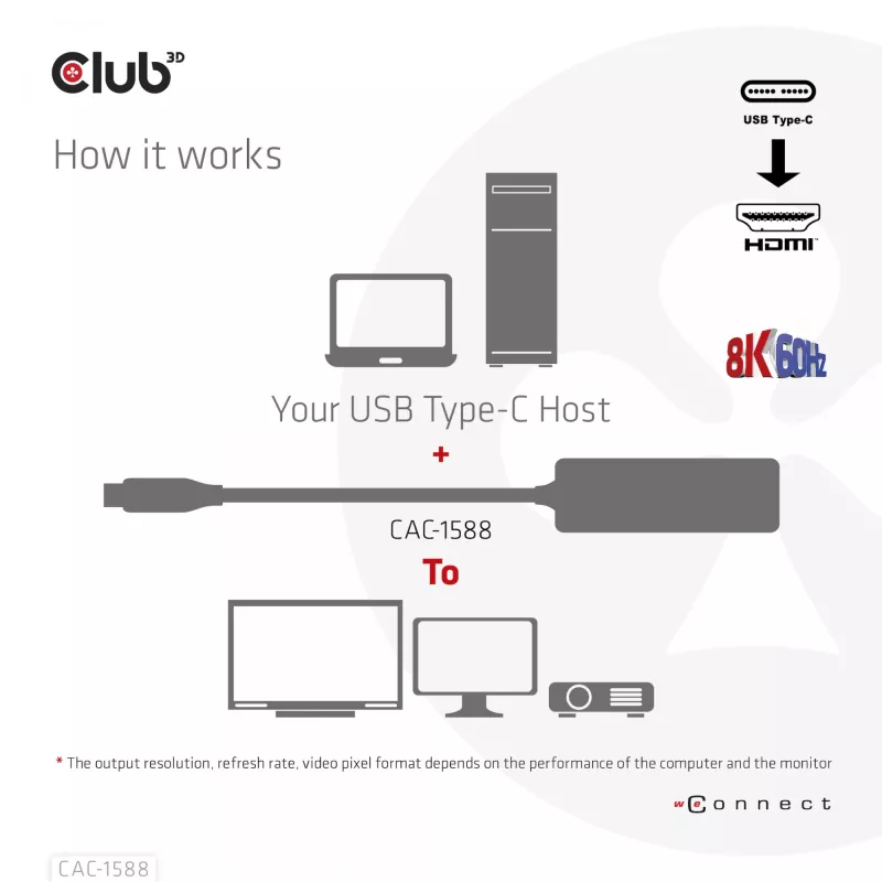 Adaptador ativo CLUB3D USB Gen2 Type-C para HDMI™ 8K60Hz ou 4K120Hz HDR10+ com DSC1.2 com Power Delivery 3.0 macho/fêmea