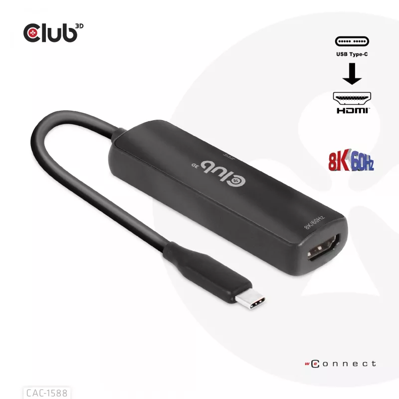 Adaptador ativo CLUB3D USB Gen2 Type-C para HDMI™ 8K60Hz ou 4K120Hz HDR10+ com DSC1.2 com Power Delivery 3.0 macho/fêmea