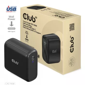 Carregador de viagem CLUB3D 100 Watt tecnologia GaN, certificado USB-IF TID, porta única USB Type-C, suporte Power Delivery(PD) 3.0