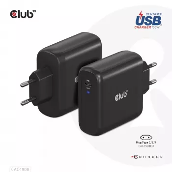 Carregador de viagem CLUB3D 100 Watt tecnologia GaN, certificado USB-IF TID, porta única USB Type-C, suporte Power Delivery(PD) 3.0