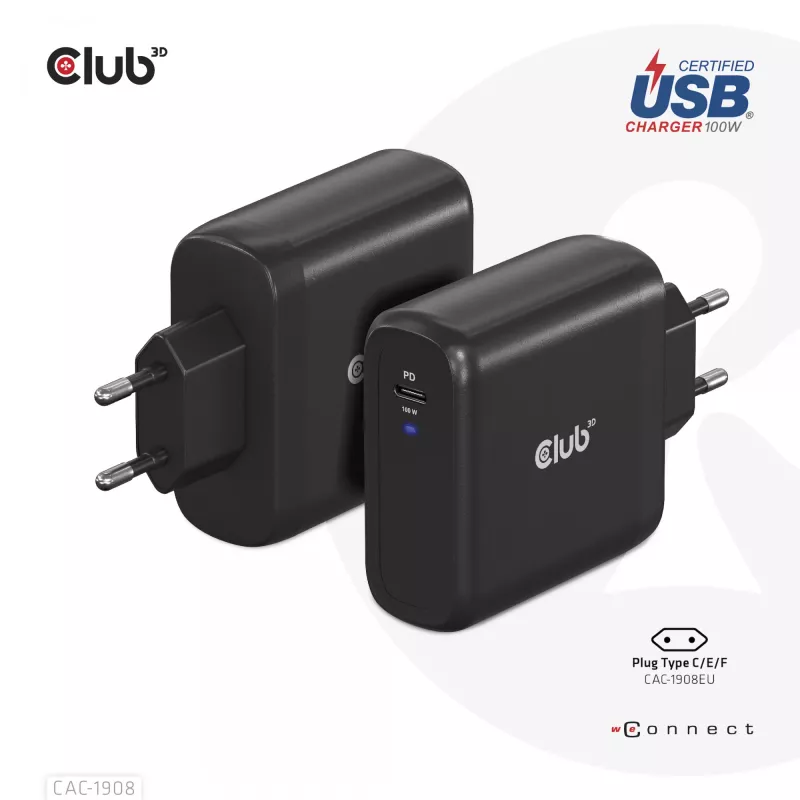 Carregador de viagem CLUB3D 100 Watt tecnologia GaN, certificado USB-IF TID, porta única USB Type-C, suporte Power Delivery(PD) 3.0