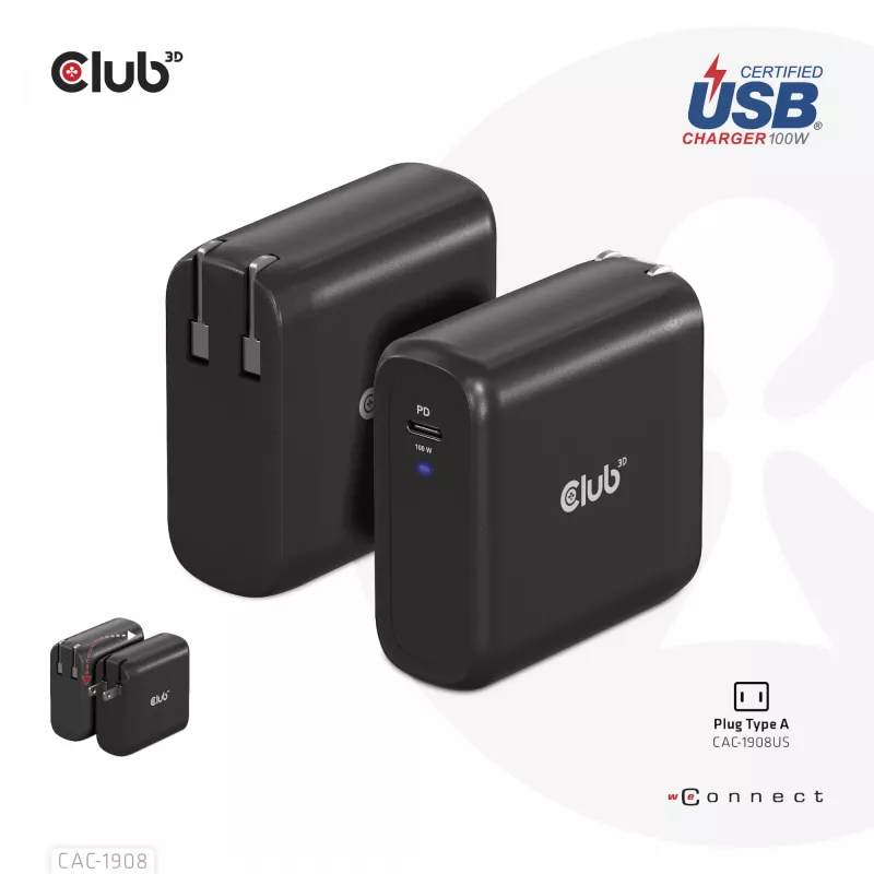 Carregador de viagem CLUB3D 100 Watt tecnologia GaN, certificado USB-IF TID, porta única USB Type-C, suporte Power Delivery(PD) 3.0