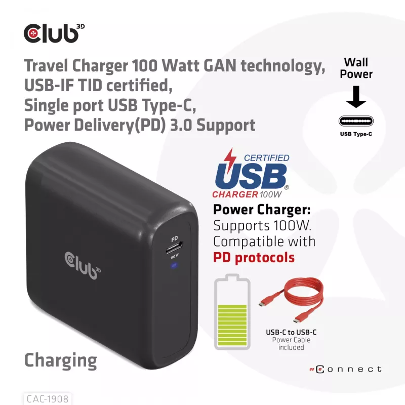 Carregador de viagem CLUB3D 100 Watt tecnologia GaN, certificado USB-IF TID, porta única USB Type-C, suporte Power Delivery(PD) 3.0