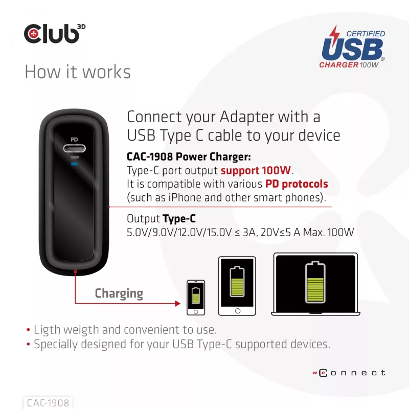Carregador de viagem CLUB3D 100 Watt tecnologia GaN, certificado USB-IF TID, porta única USB Type-C, suporte Power Delivery(PD) 3.0