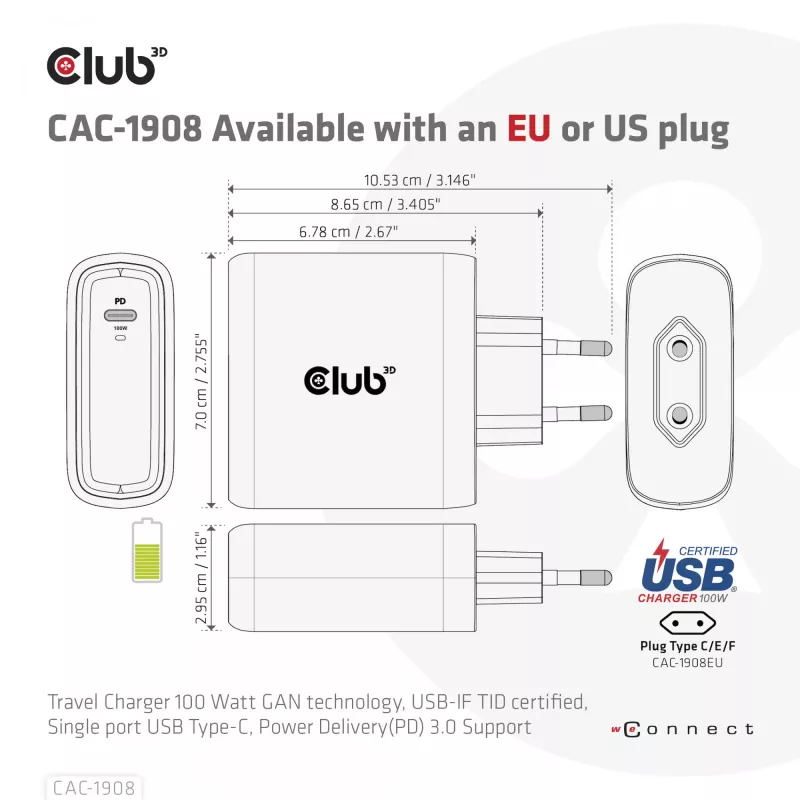 Carregador de viagem CLUB3D 100 Watt tecnologia GaN, certificado USB-IF TID, porta única USB Type-C, suporte Power Delivery(PD) 3.0