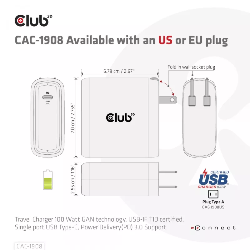 Carregador de viagem CLUB3D 100 Watt tecnologia GaN, certificado USB-IF TID, porta única USB Type-C, suporte Power Delivery(PD) 3.0