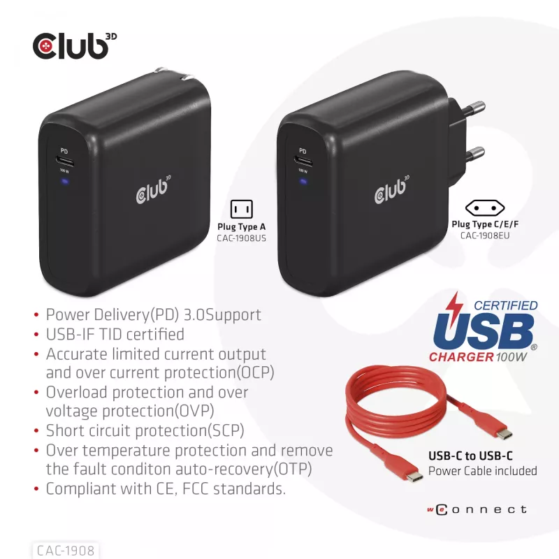 Carregador de viagem CLUB3D 100 Watt tecnologia GaN, certificado USB-IF TID, porta única USB Type-C, suporte Power Delivery(PD) 3.0