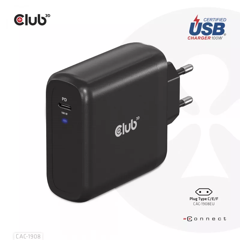 Carregador de viagem CLUB3D 100 Watt tecnologia GaN, certificado USB-IF TID, porta única USB Type-C, suporte Power Delivery(PD) 3.0
