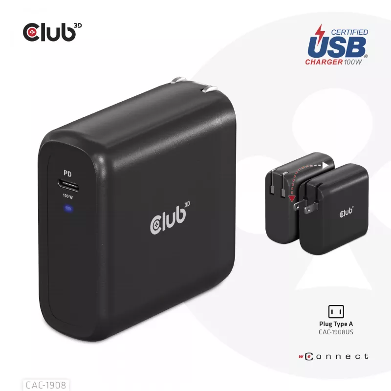 Carregador de viagem CLUB3D 100 Watt tecnologia GaN, certificado USB-IF TID, porta única USB Type-C, suporte Power Delivery(PD) 3.0
