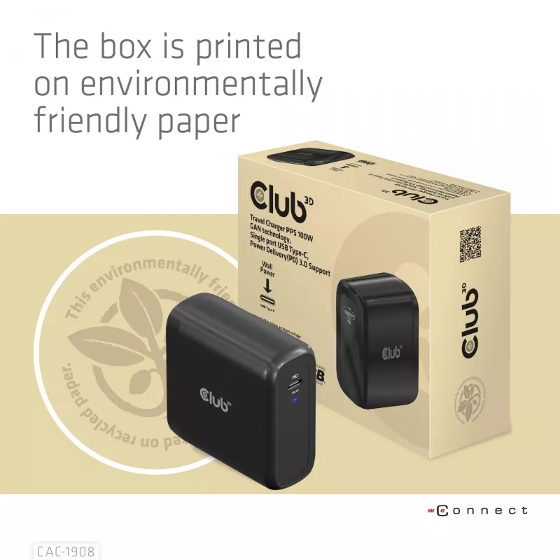 Carregador de viagem CLUB3D 100 Watt tecnologia GaN, certificado USB-IF TID, porta única USB Type-C, suporte Power Delivery(PD) 3.0