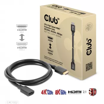 Cabo de extensão HDMI Ultra High Speed CLUB3D 4K120Hz 8K60Hz 48Gbps macho/fêmea 1 m / 3,28 ft 30AWG