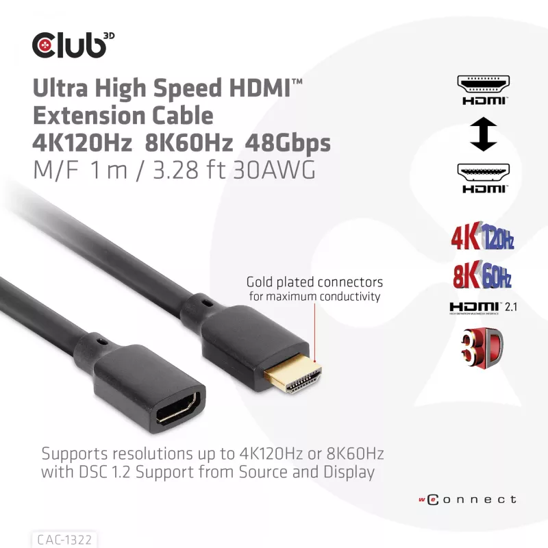 Club 3D CAC-1322 cabo de extensão Ultra High Speed HDMI 2.1, 4K, macho/fêmea, 1 m, preto