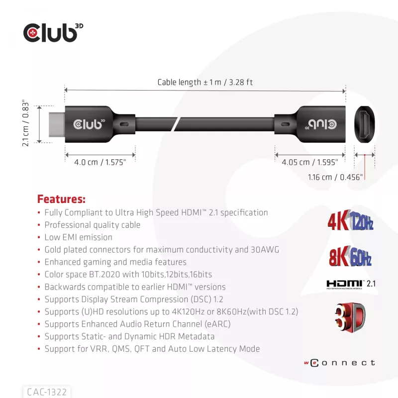 Club 3D CAC-1322 cabo de extensão Ultra High Speed HDMI 2.1, 4K, macho/fêmea, 1 m, preto