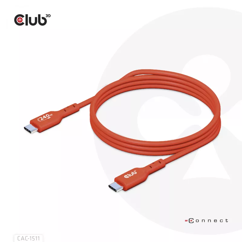 Club 3D CAC-1511 cabo USB2 Type-C bidirecional certificado USB-IF, dados 480 Mb, PD 240 W (48 V/5 A) EPR, macho/macho, 1 m