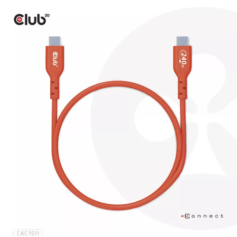 Club 3D CAC-1511 cabo USB2 Type-C bidirecional certificado USB-IF, dados 480 Mb, PD 240 W (48 V/5 A) EPR, macho/macho, 1 m