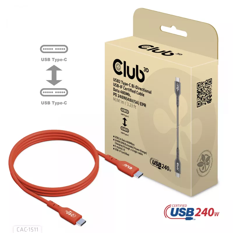 Club 3D CAC-1511 cabo USB2 Type-C bidirecional certificado USB-IF, dados 480 Mb, PD 240 W (48 V/5 A) EPR, macho/macho, 1 m