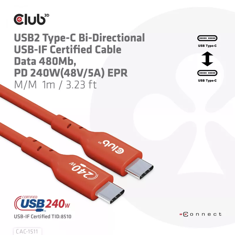 Club 3D CAC-1511 cabo USB2 Type-C bidirecional certificado USB-IF, dados 480 Mb, PD 240 W (48 V/5 A) EPR, macho/macho, 1 m