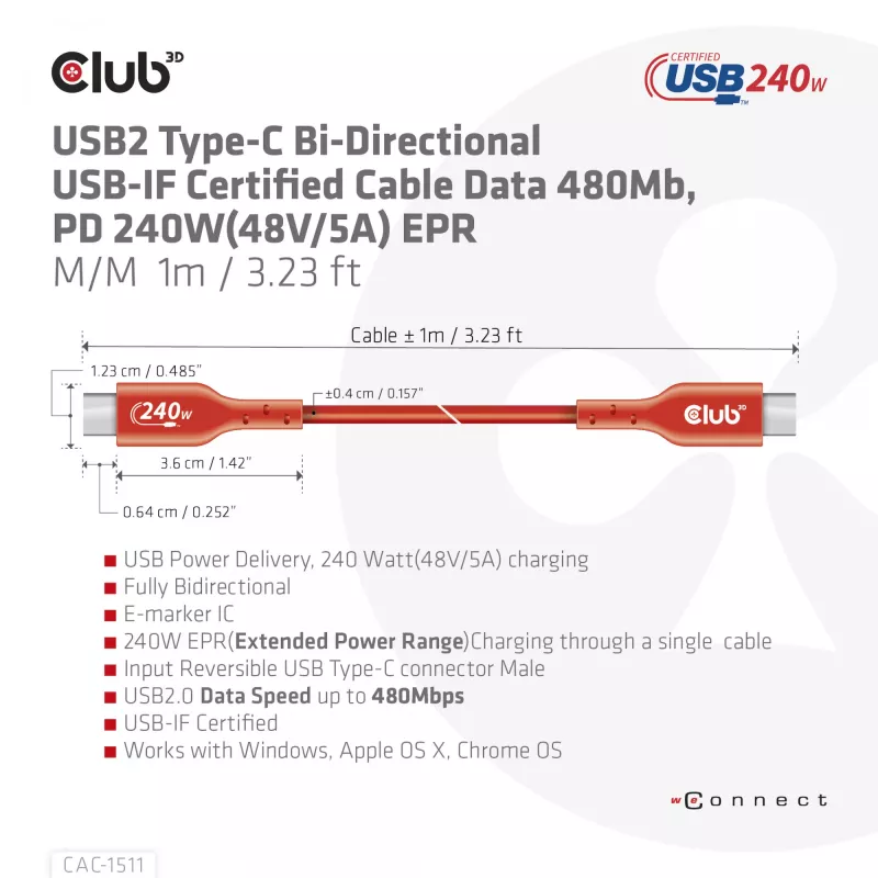 Club 3D CAC-1511 cabo USB2 Type-C bidirecional certificado USB-IF, dados 480 Mb, PD 240 W (48 V/5 A) EPR, macho/macho, 1 m