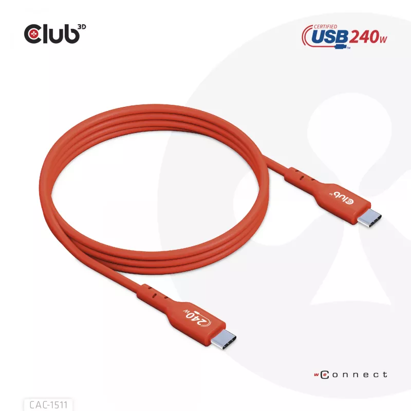 Club 3D CAC-1511 cabo USB2 Type-C bidirecional certificado USB-IF, dados 480 Mb, PD 240 W (48 V/5 A) EPR, macho/macho, 1 m