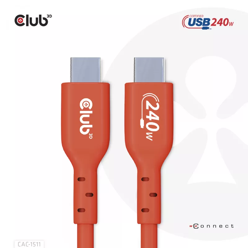 Club 3D CAC-1511 cabo USB2 Type-C bidirecional certificado USB-IF, dados 480 Mb, PD 240 W (48 V/5 A) EPR, macho/macho, 1 m