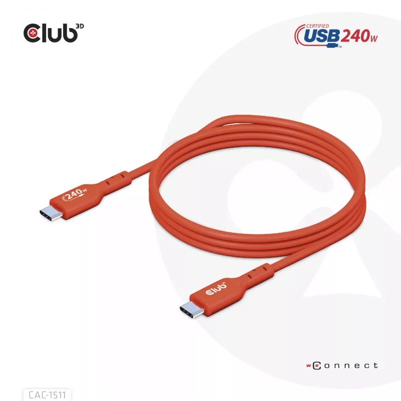 Club 3D CAC-1511 cabo USB2 Type-C bidirecional certificado USB-IF, dados 480 Mb, PD 240 W (48 V/5 A) EPR, macho/macho, 1 m